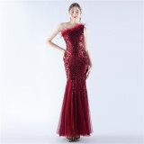 Women ostrich feather mesh sequin evening dress