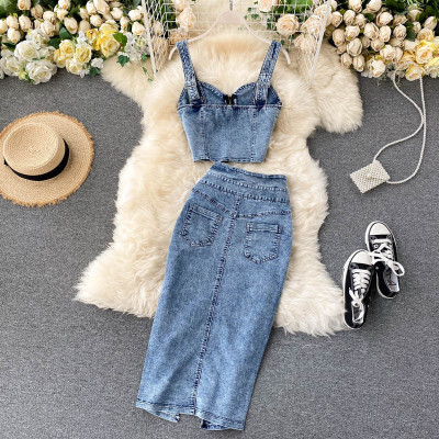 Women Feminine Crop Top and Denim Skirt Two-piece Set