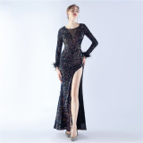 Women Sequined Ostrich Feather Long Sleeve Evening Gown