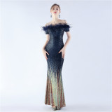 Women craft ostrich feather gradient sequins Off Shoulder evening dress