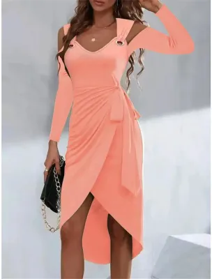 Women Solid Metal Button V-Neck Lace-Up Dress