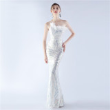 Women Sequined Ostrich Feather Slash Shoulder Evening Gown