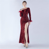 Women Sequined Ostrich Feather Long Sleeve Evening Gown