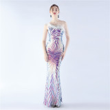 Women Sequined Ostrich Feather Slash Shoulder Evening Gown