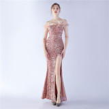 Women Sequined Ostrich Feather Off Shoulder Evening Gown