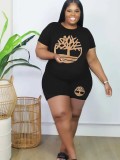 Plus Size Women Round Neck Short Sleeve Printed T-Shirt And Shorts Two-piece Set