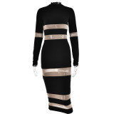 Women Round Neck Patchwork See-Through Long Sleeve Dress