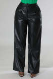 Women Casual pu-Leather Pocket Loose Wide Leg Pants