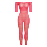 Summer Women Sexy Mesh See-Through Hollow Solid Jumpsuit
