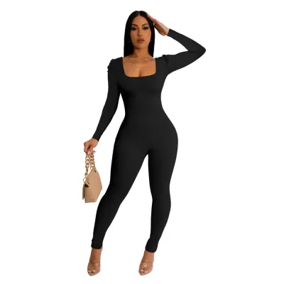 Women Square Neck Puff Sleeve Long Sleeve Jumpsuit