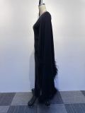 Women Sexy Slash Shoulder Slit Feather Asymmetric Dress