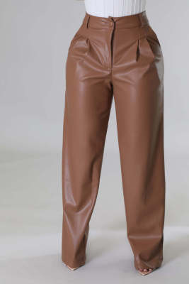 Women Casual pu-Leather Pocket Loose Wide Leg Pants