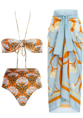 Women Print Halter Neck Lace-Up Bikini Mesh Skir Swimsuit Two Pieces