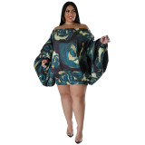 Plus Size Women's Loose Puff Sleeve Off Shoulder Printed Dress