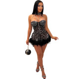 Autumn And Winter Women's Beaded Sexy Mesh See-Through Feather Nightclub Jumpsuit