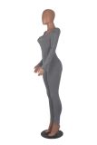Women Autumn Rib Square Neck Puff Sleeve Long Sleeve Sexy Slim Jumpsuit