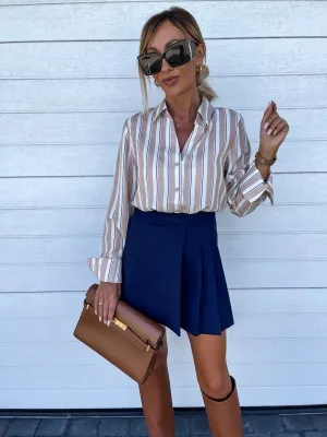 Autumn Striped Long Sleeve V Neck Women's Shirts