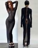Women's Autumn And Winter Round Neck Long Sleeve Reversible Lace-Up Mesh See-Through Sexy Dress