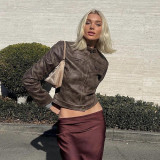 American Retro Distressed Short Jacketversatile Autumn Slim Fit Stand Collar Pu Leather Trendy Clothing
