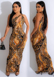 Fashion Women's Sexy Printed Sleeveless Hollow Long Dress