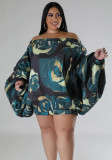 Plus Size Women's Loose Puff Sleeve Off Shoulder Printed Dress