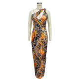 Fashion Women's Sexy Printed Sleeveless Hollow Long Dress