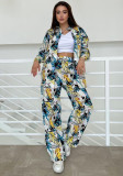 Autumn Fashion Floral Print Plus Size Loose Top High Waisted Wide Leg Pants Women Casual Suit