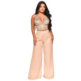 Sexy Sequined Halter Neck Tank Top Chiffon High-Waisted Straight Pants Two-Piece Set