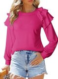 Autumn And Winter Ruffled Long-Sleeved Round Neck Pullover Solid Color T-Shirt Women's Top