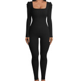 Women Autumn Rib Square Neck Puff Sleeve Long Sleeve Sexy Slim Jumpsuit