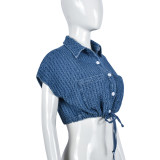 Women's Autumn Slim Waist Lace Short Sleeve Denim Short Shirt For Women