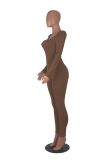 Women Autumn Rib Square Neck Puff Sleeve Long Sleeve Sexy Slim Jumpsuit