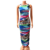 Autumn And Winter Women's Sexy Tight Fitting Printed Sleeveless Long Dress For Women