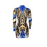 Women Autumn Leopard Print Pleated Sexy Long Sleeve Dress