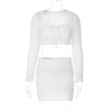 Women French Lace Square Neck Long Sleeve Crop Top and Sexy Mini Skirt Two-piece Set