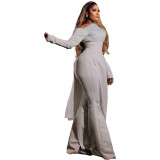 Women Solid Long Sleeve Slit Top and Pant Two Piece Set