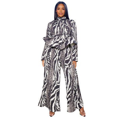 Women Lantern Long Sleeve Top and Wide Leg Pants Printed Casual Two-piece Set