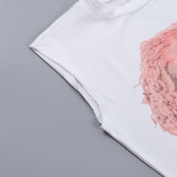 Women Summer Loose Casual Round Neck Portrait Print Sleeveless T-Shirt