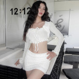 Women French Lace Square Neck Long Sleeve Crop Top and Sexy Mini Skirt Two-piece Set