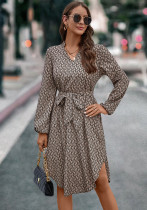 Autumn And Winter Women's Printed Long Sleeve Belt Casual Dress