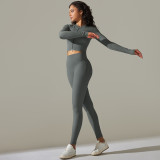 Seamless Solid Color Ribbed Zipper Long Sleeve T-Shirt Sports Fitness Pants Yoga Wear Suit