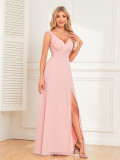 Sleeveless V-Neck Pleated Side Slits Chiffon Solid Color Evening Dress