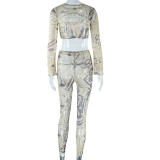 Mesh See-Through Fashion Set Round Neck Hollow Printed Long Sleeve Top High Waist Pants Two-Piece Set