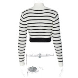 Striped Knitting Sweater Autumn Women's Long Sleeve Zipper Half Turtleneck Contrasting Color Crop Top