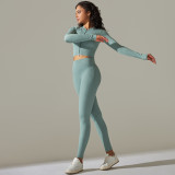 Seamless Solid Color Ribbed Zipper Long Sleeve T-Shirt Sports Fitness Pants Yoga Wear Suit