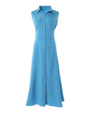 Plus Size Women Solid Single Breasted Turndown Collar Sleeveless Maxi Dress