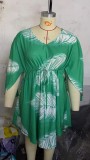 Plus Size Women Feather Print V-Neck Long Sleeve Loose Dress