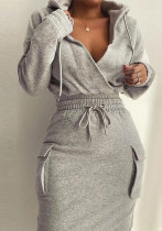Women Solid Long Sleeve V Neck Top and Drawstring Skirt Two-piece Set