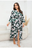 Plus Size Women Loose Long Sleeve Printed Satin Nightgown