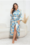 Plus Size Women Loose Long Sleeve Printed Satin Nightgown